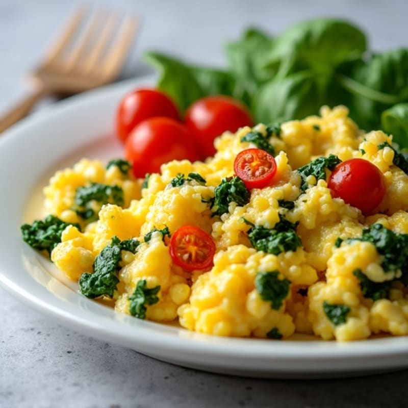 Cottage Cheese Egg Scramble with Spinach and Cherry Tomatoes