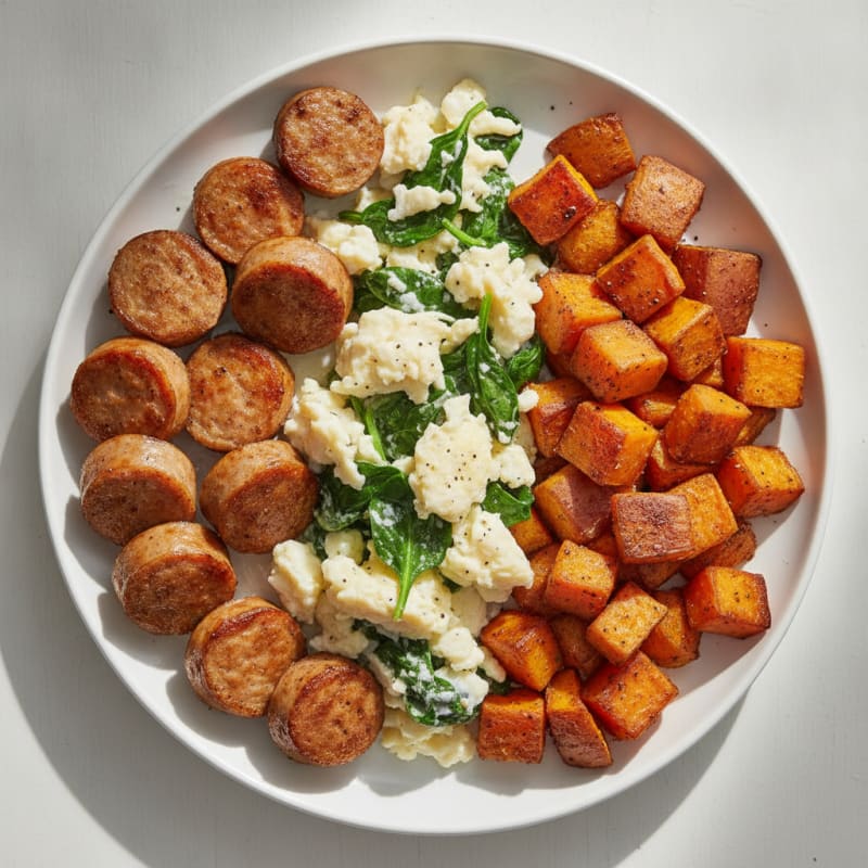 Crispy Chicken Sausage and Egg White Scramble with Roasted Sweet Potatoes