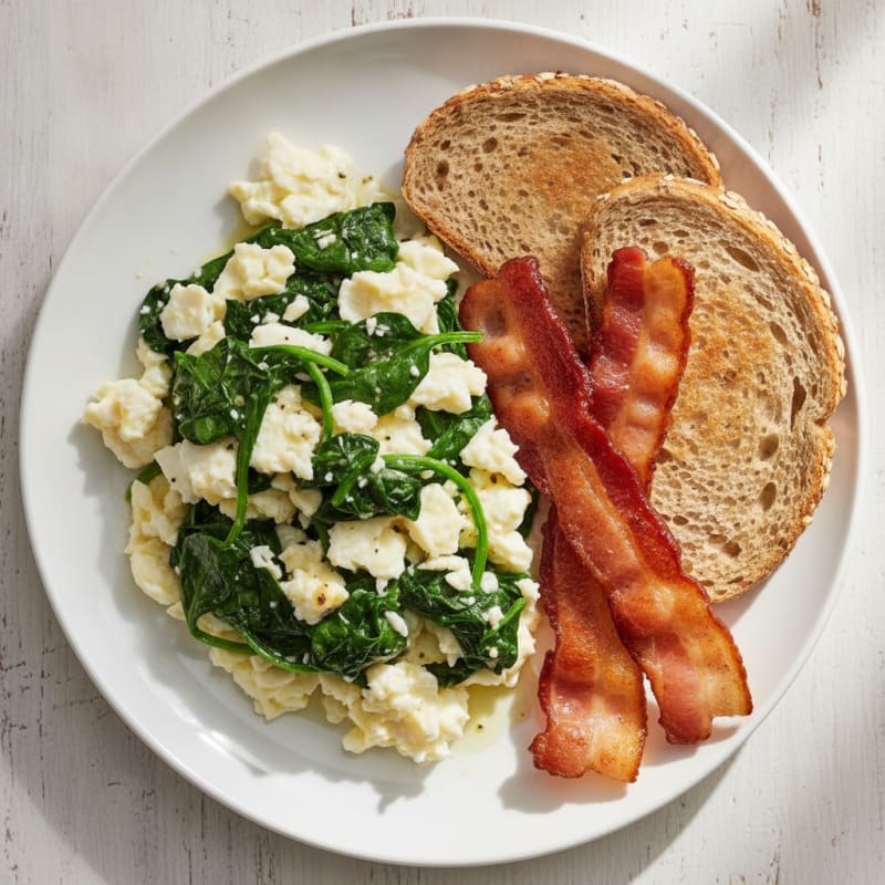 Crispy Turkey Bacon and Egg White Scramble with Sautéed Spinach