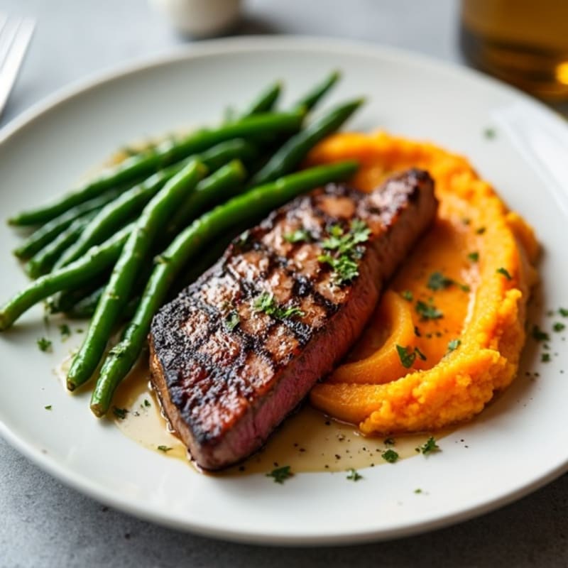 Seared Sirloin Steak with Garlic Green Beans and Sweet Potato Mash