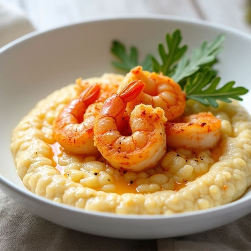 Creamy Cauliflower Grits with Spicy Garlic Shrimp