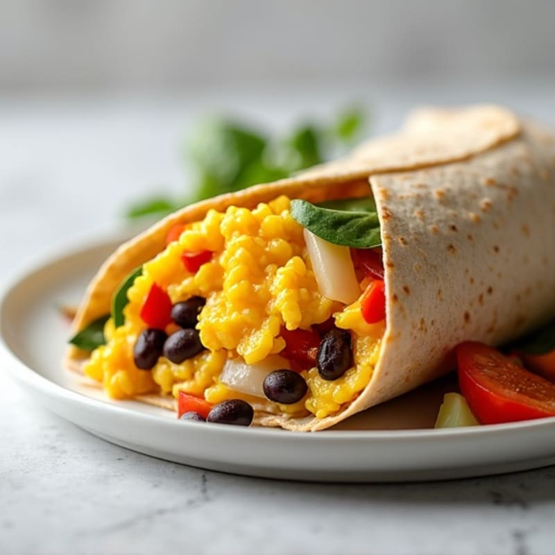 Hearty Scrambled Egg, Black Bean, and Veggie Whole Wheat Burrito