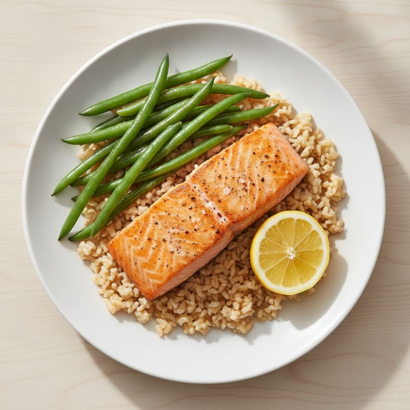 Seared Salmon Fillet with Steamed Green Beans and Brown Rice