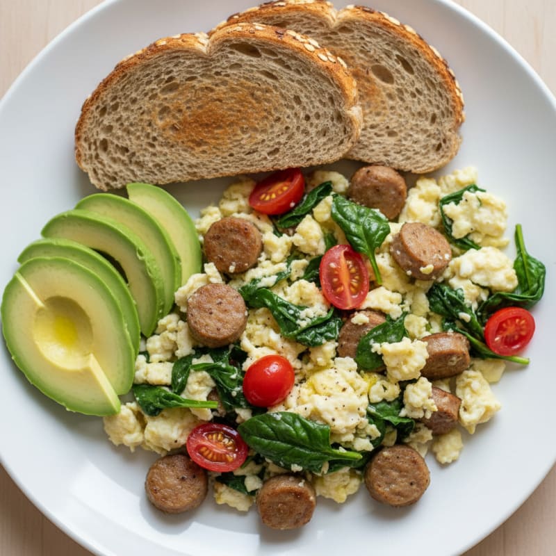 Egg White and Turkey Sausage Scramble with Spinach and Tomatoes