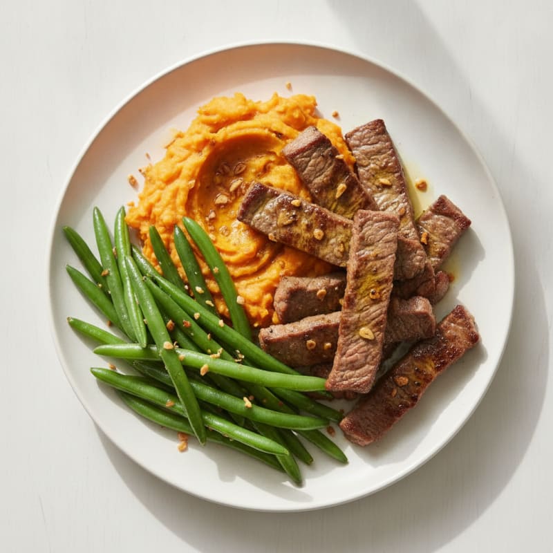 Seared Lean Beef Strips with Steamed Green Beans and Sweet Potato Mash