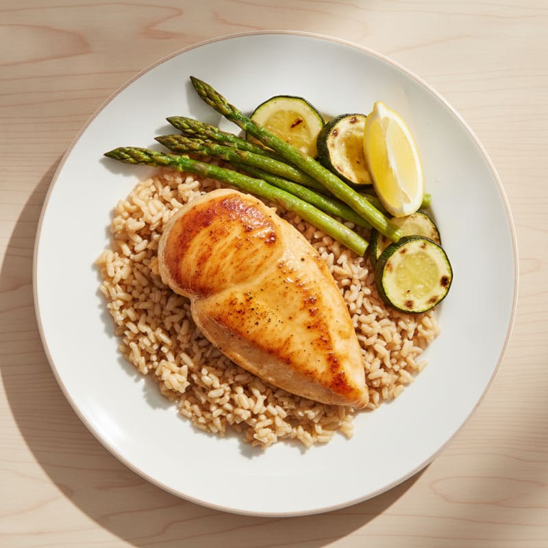 Seared Chicken Breast with Roasted Asparagus and Brown Rice