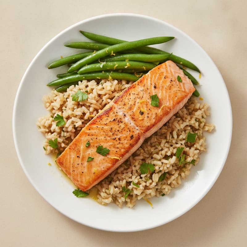 Seared Salmon with Steamed Green Beans and Lemon Herb Rice