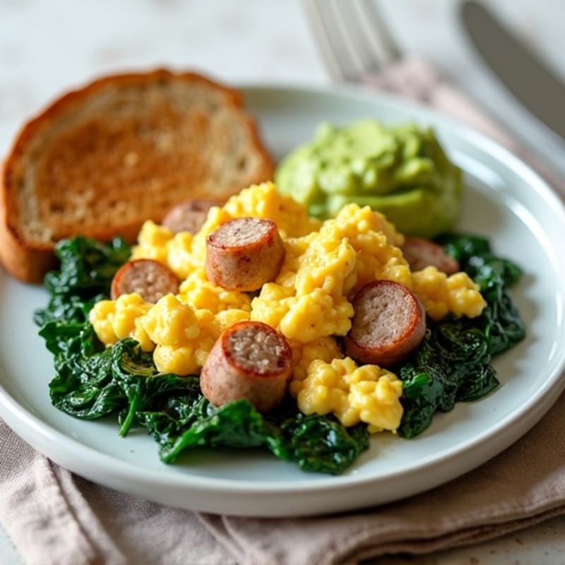 Egg White and Turkey Sausage Scramble with Sautéed Spinach
