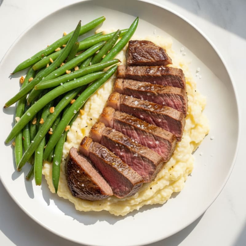 Seared Lean Beef with Garlic Green Beans and Cauliflower Mash