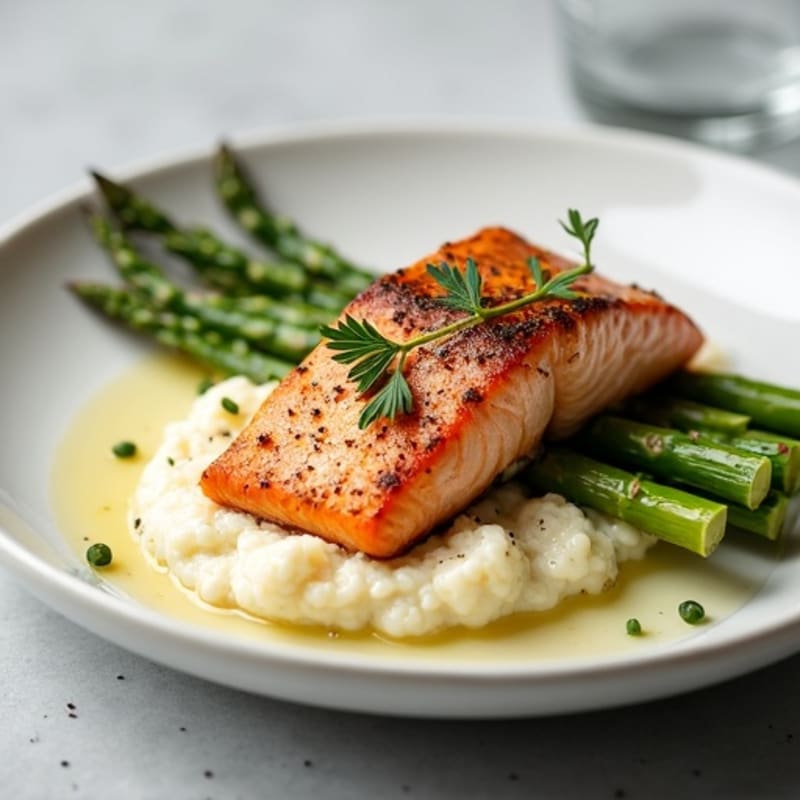 Seared Salmon with Roasted Asparagus and Cauliflower Mash