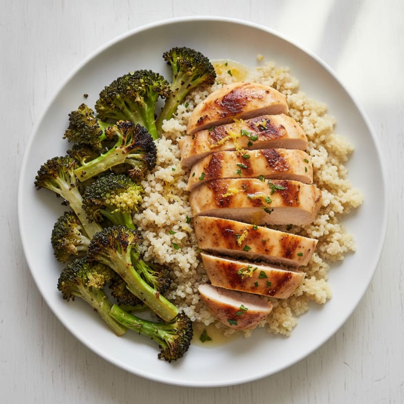 Grilled Lemon Garlic Chicken Breast with Quinoa and Roasted Broccoli