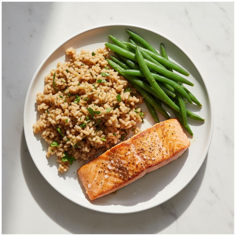 Seared Salmon Fillet with Steamed Green Beans and Herb Brown Rice
