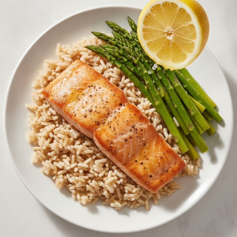 Seared Salmon Fillet with Steamed Asparagus and Brown Rice