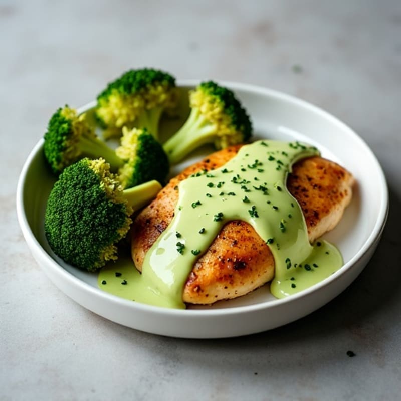 Sheet Pan Chicken with Creamy Avocado Sauce and Roasted Broccoli
