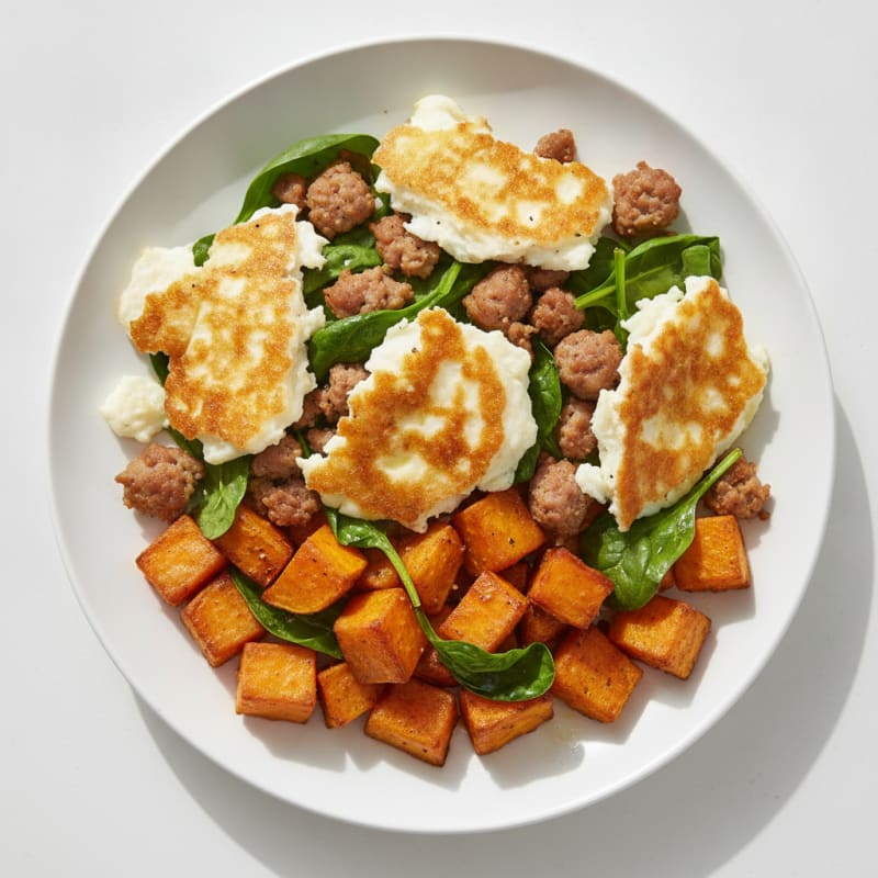 Crispy Egg White and Turkey Sausage Scramble with Roasted Sweet Potatoes