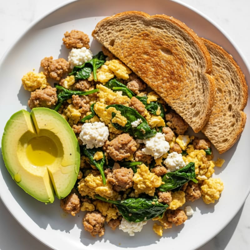 Cottage Cheese Scramble with Turkey Sausage and Spinach