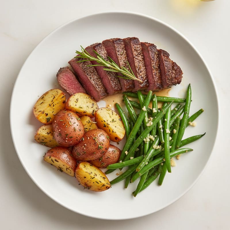 Seared Steak with Herb-Roasted Potatoes and Green Beans