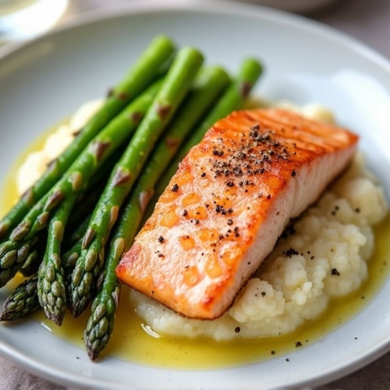 Seared Salmon with Steamed Asparagus and Cauliflower Mash