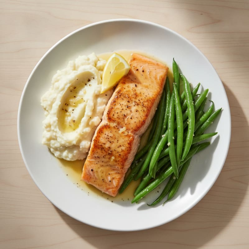 Seared Salmon with Steamed Green Beans and Garlic Mashed Cauliflower