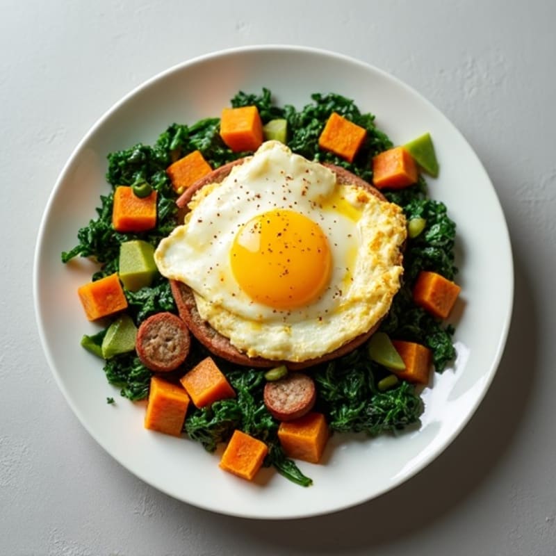 Egg White and Turkey Sausage Scramble with Sautéed Spinach and Sweet Potato