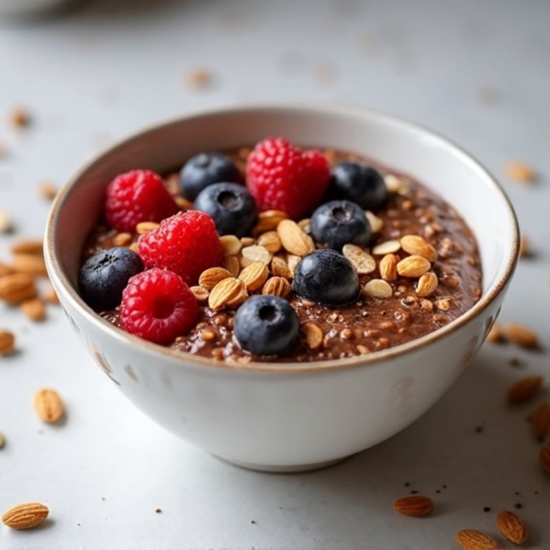 Rich Dark Chocolate Protein Overnight Oats with Berries and Toasted Nuts