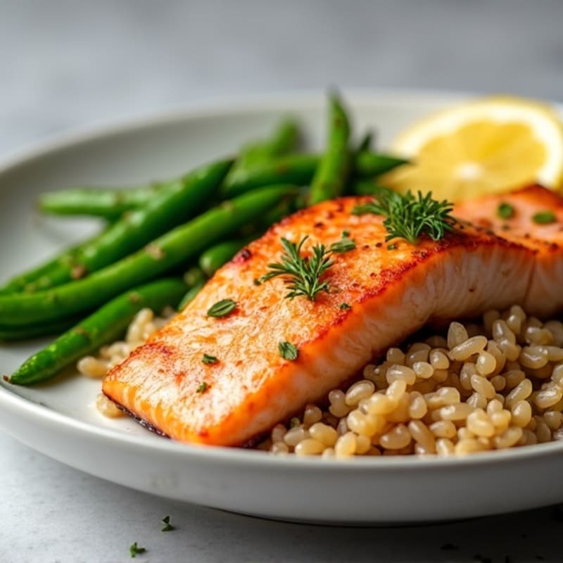 Seared Salmon with Garlic Green Beans and Brown Rice