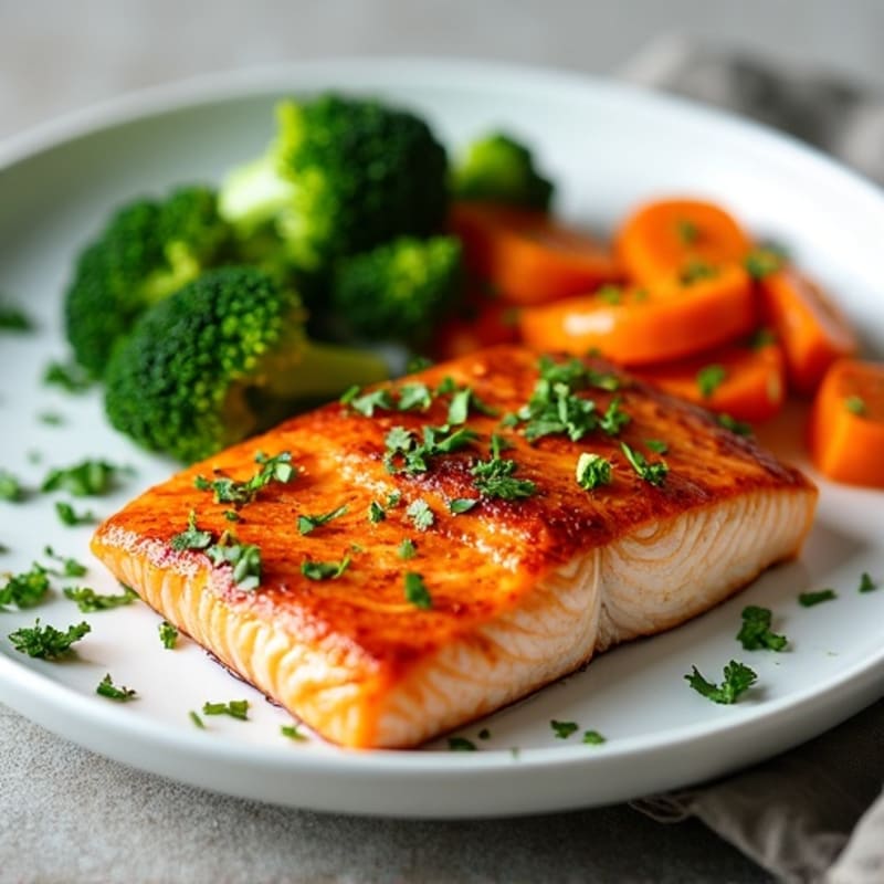 Seared Salmon with Roasted Sweet Potato and Steamed Broccoli