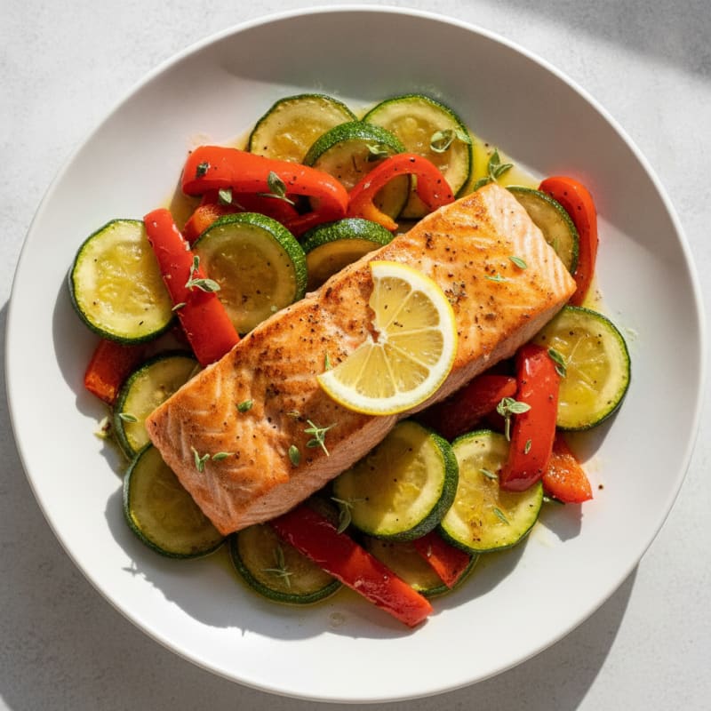 Seared Salmon with Herb-Roasted Zucchini and Bell Peppers