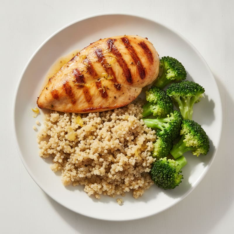 Grilled Chicken Breast with Steamed Broccoli and Quinoa