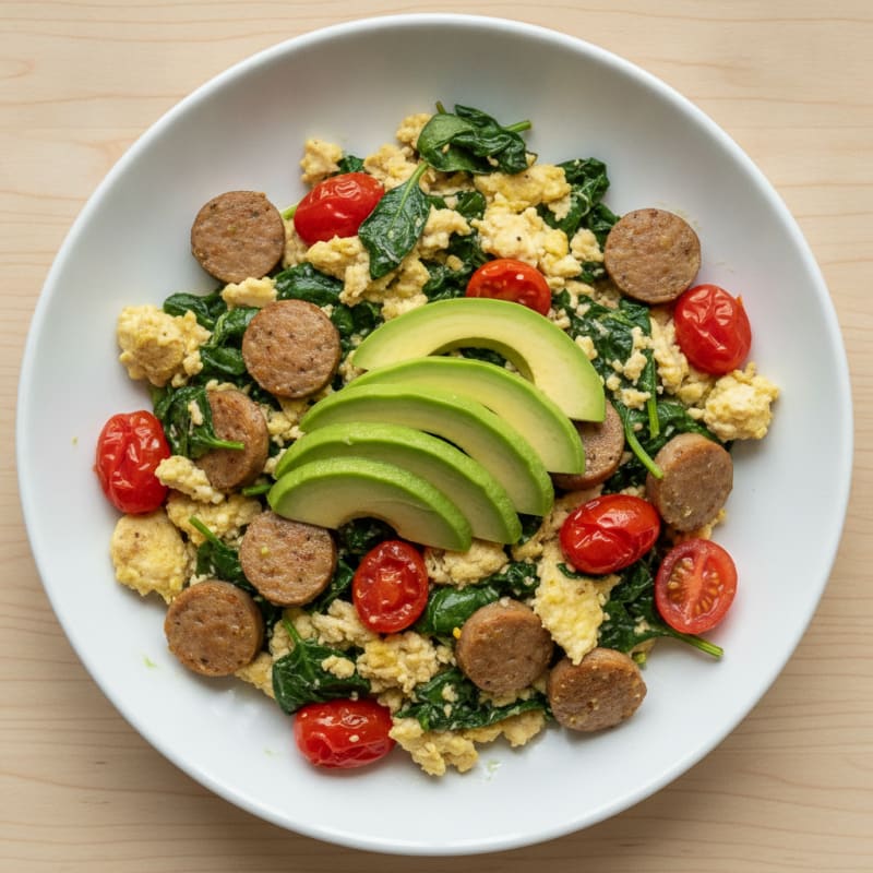 Egg White and Turkey Sausage Scramble with Spinach and Cherry Tomatoes
