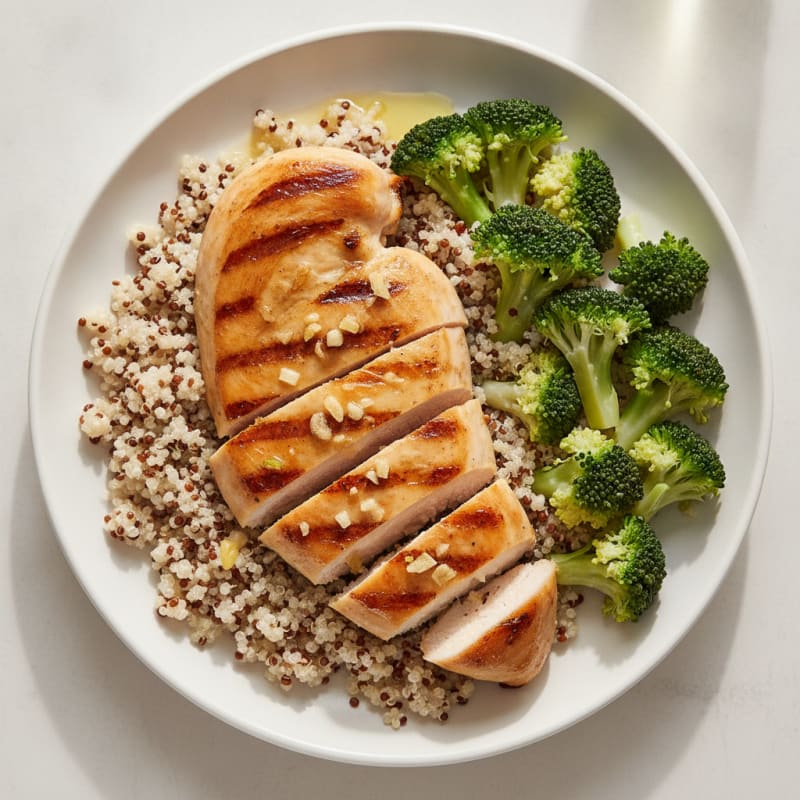 Grilled Lemon Garlic Chicken Breast with Quinoa and Steamed Broccoli