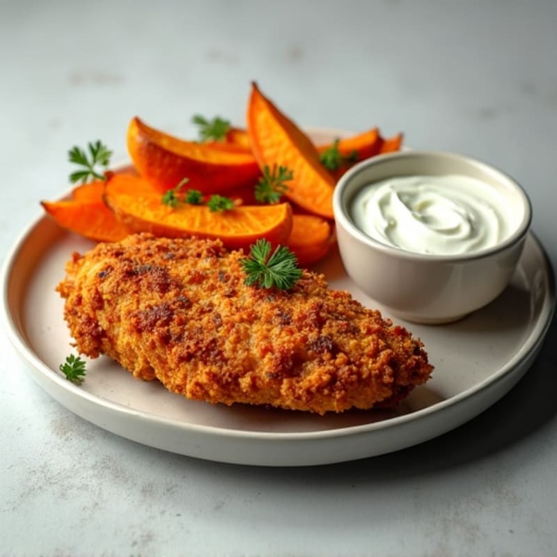 Crispy Baked Chicken with Sweet Potato Fries and Creamy Herb Dip