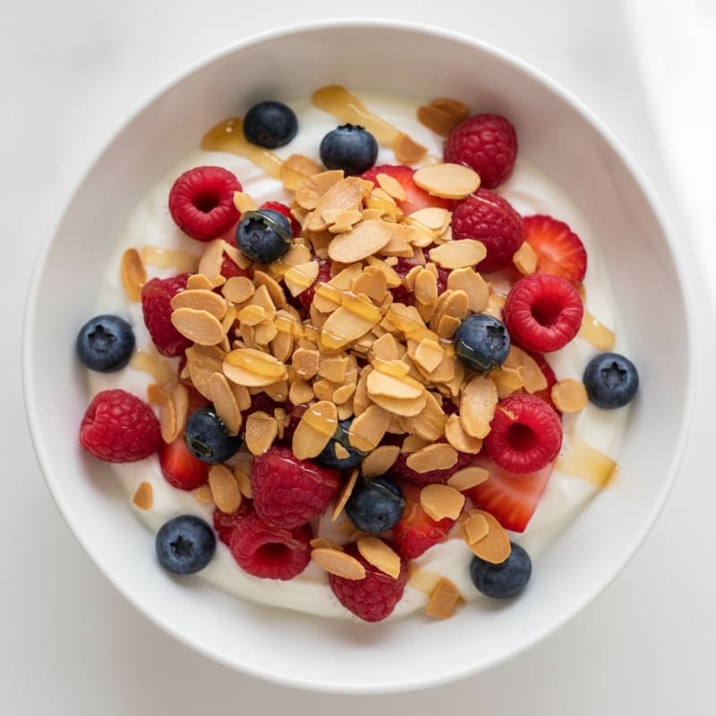 Greek Yogurt Parfait with Crunchy Almonds and Mixed Berries