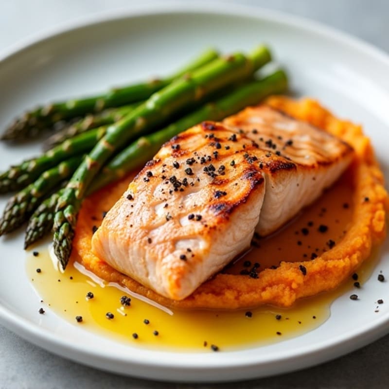 Seared Salmon with Roasted Asparagus and Sweet Potato Mash
