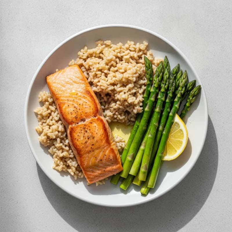 Seared Salmon with Steamed Asparagus and Brown Rice