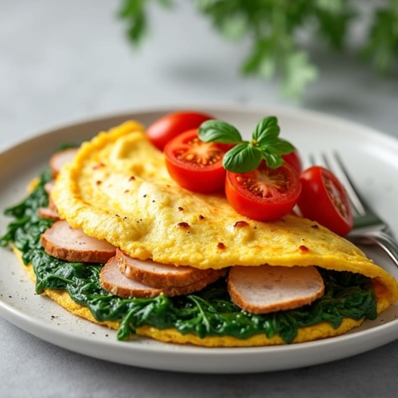 Protein-Packed Egg Omelet with Sautéed Spinach and Cherry Tomatoes
