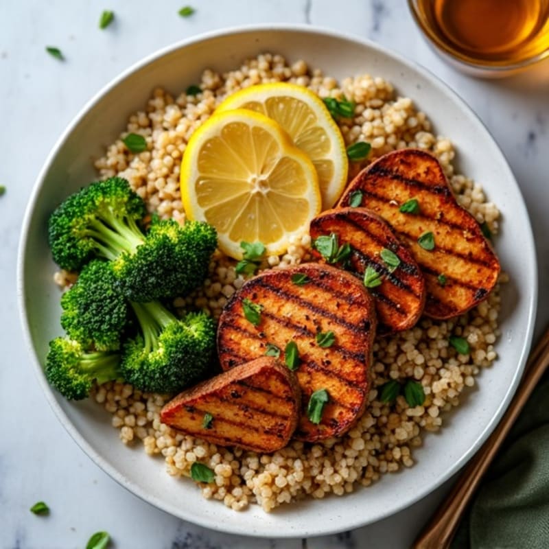 Grilled Tempeh and Quinoa Power Bowl with Roasted Broccoli