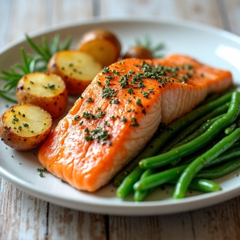 Herb-Roasted Salmon with Crispy Potatoes and Tender Green Beans