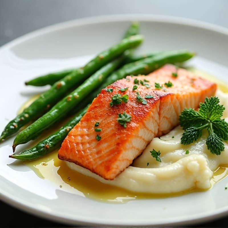 Seared Salmon with Steamed Green Beans and Cauliflower Mash