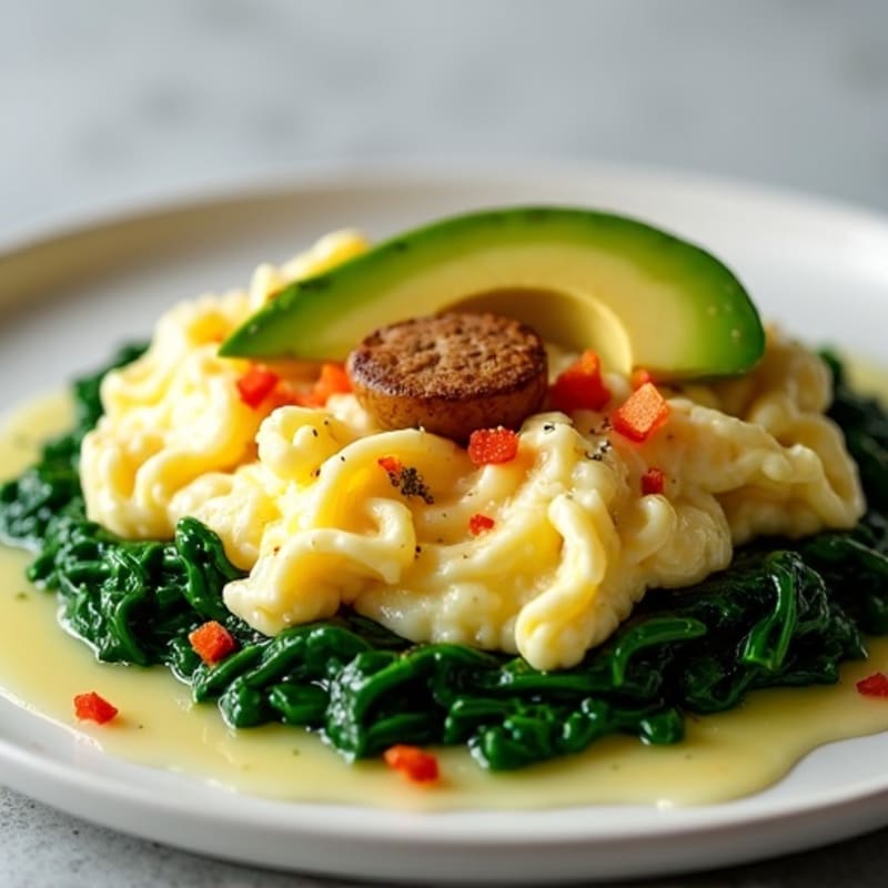 Egg White Scramble with Turkey Sausage and Sautéed Spinach