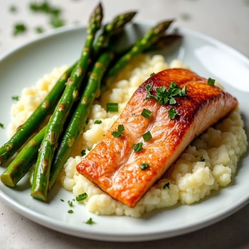 Seared Salmon with Steamed Asparagus and Cauliflower Mash