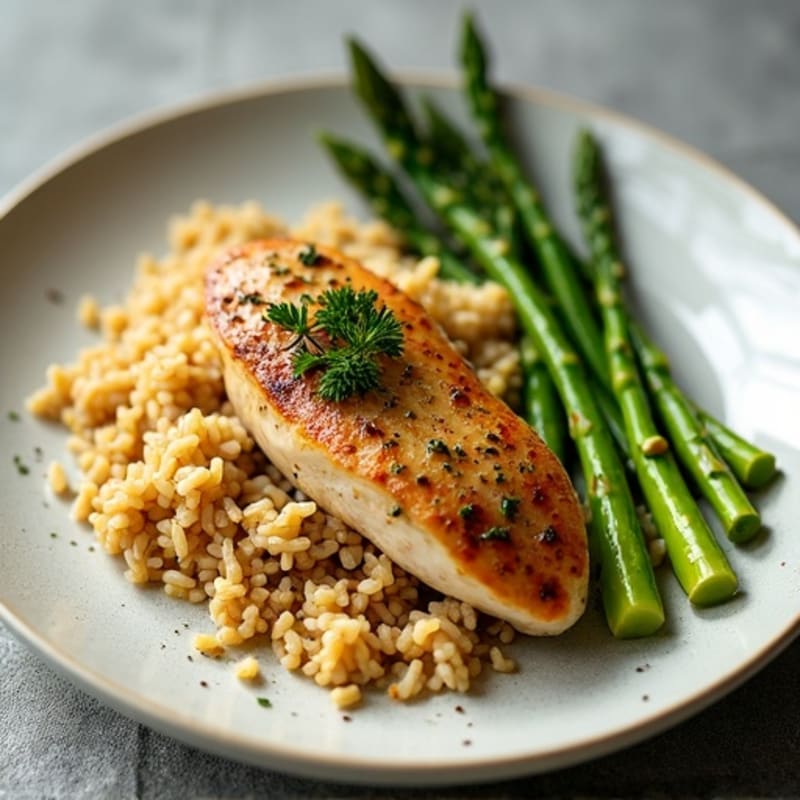 Garlic Herb Roasted Chicken with Fluffy Brown Rice and Roasted Asparagus