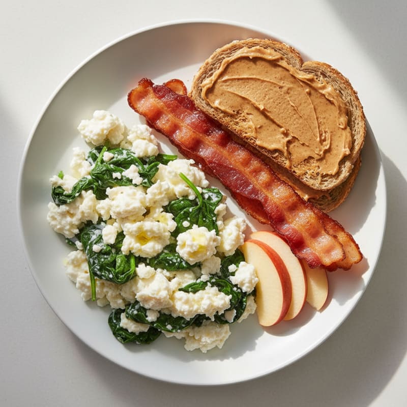Egg White Spinach Scramble with Cottage Cheese and Turkey Bacon