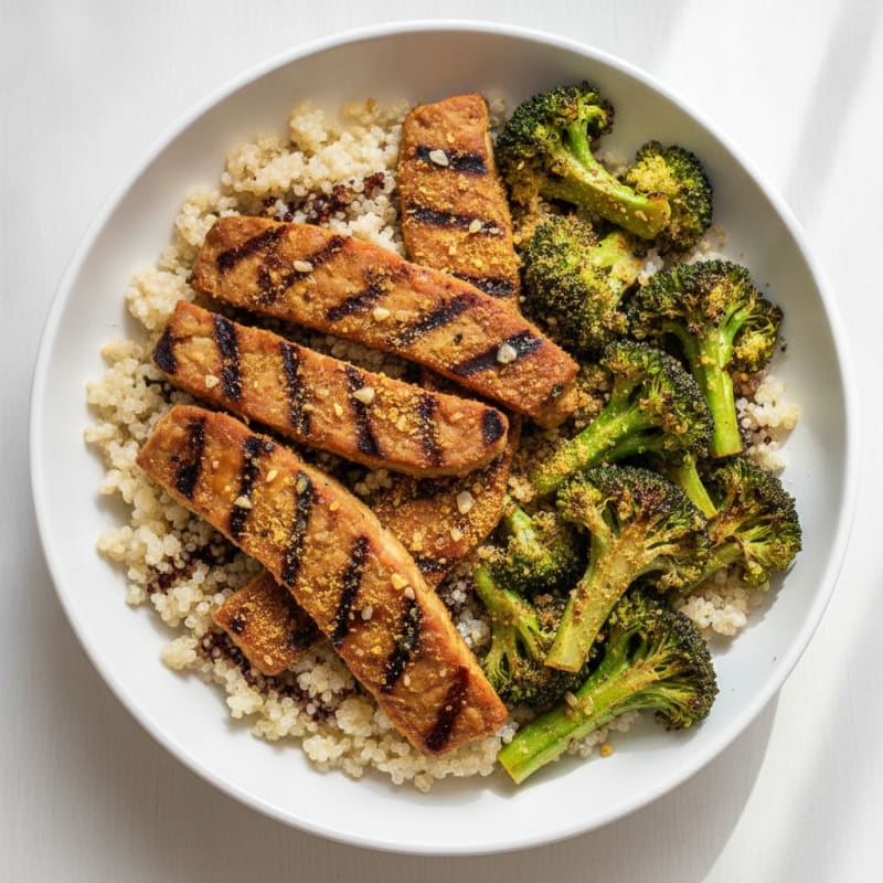 Grilled Tempeh Power Bowl with Quinoa and Roasted Broccoli