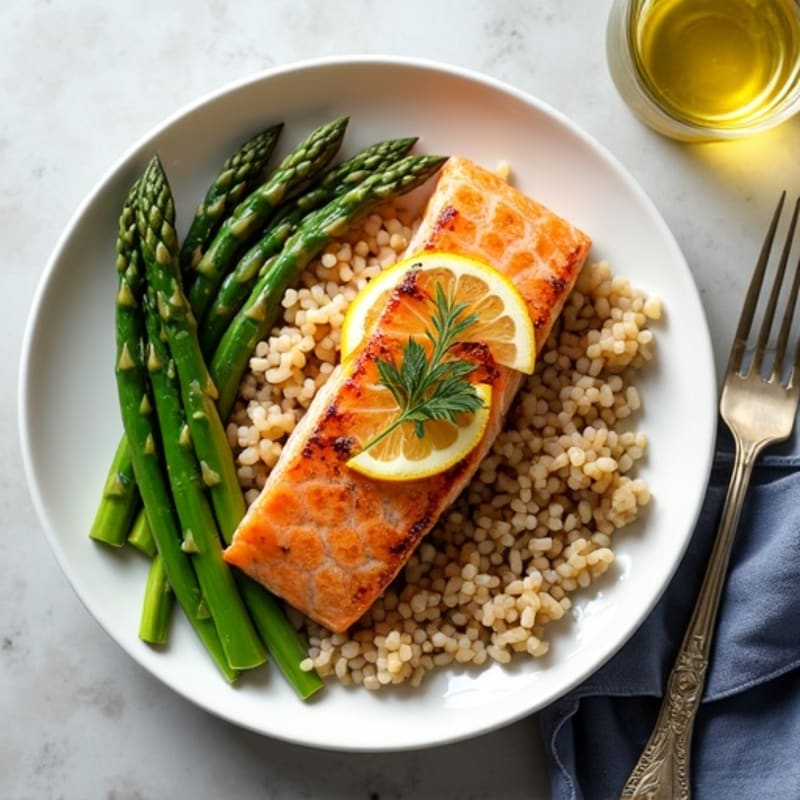 Seared Salmon with Steamed Asparagus and Herbed Brown Rice