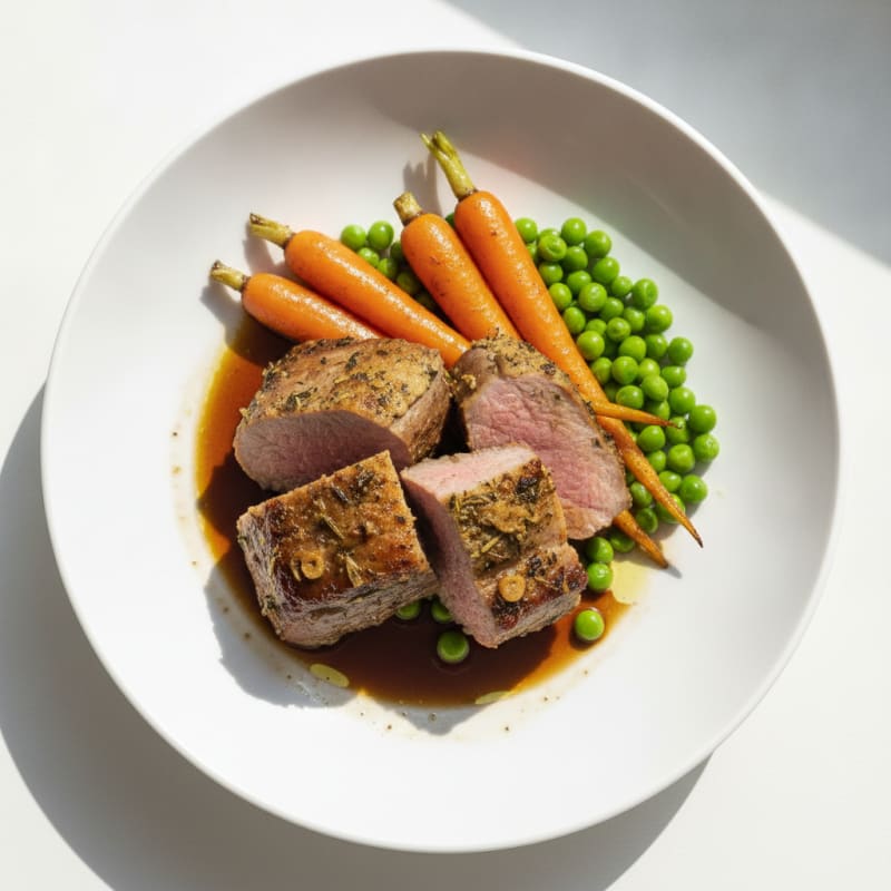 Herb-Seared Lamb with Roasted Carrots and Peas