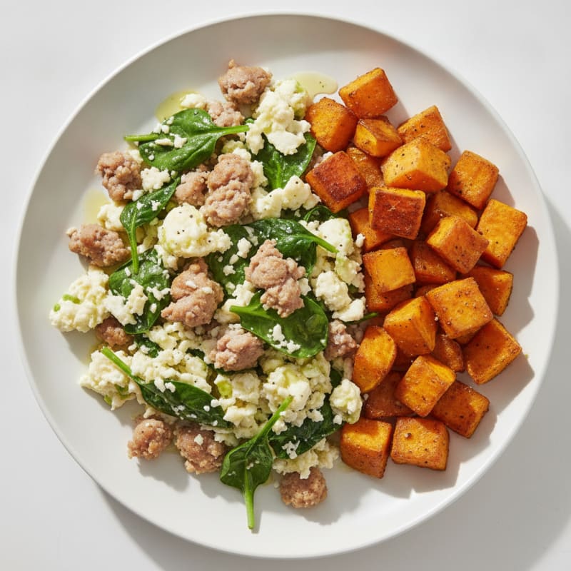 Egg White and Turkey Sausage Scramble with Spinach and Roasted Sweet Potato