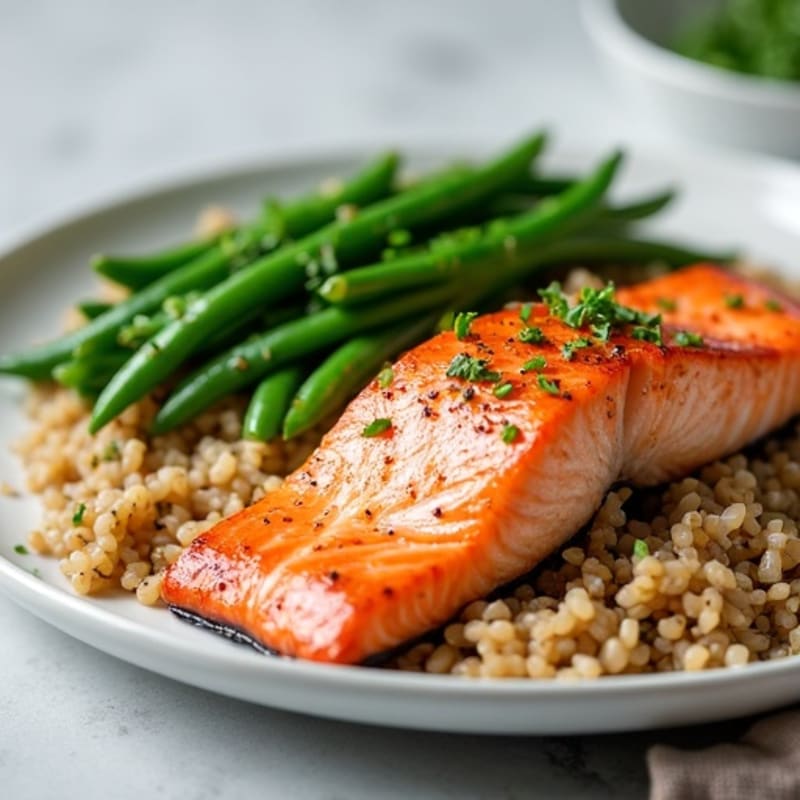 Seared Salmon with Steamed Green Beans and Brown Rice