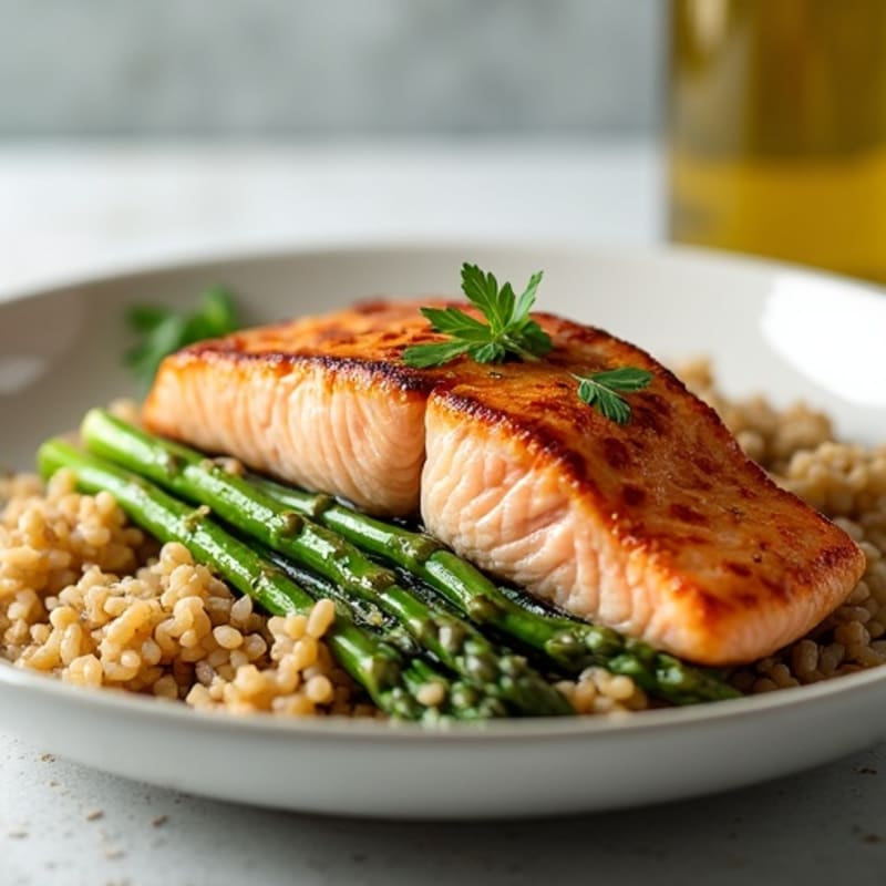 Seared Salmon Fillet with Steamed Asparagus and Brown Rice