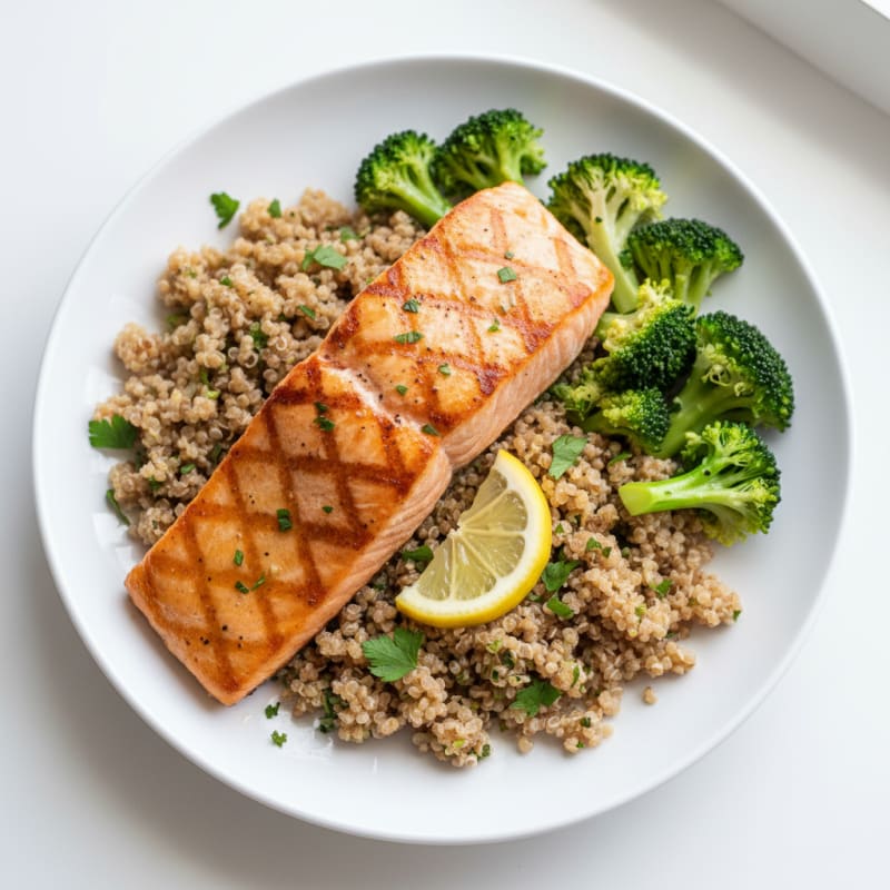 Seared Salmon with Steamed Broccoli and Herbed Quinoa